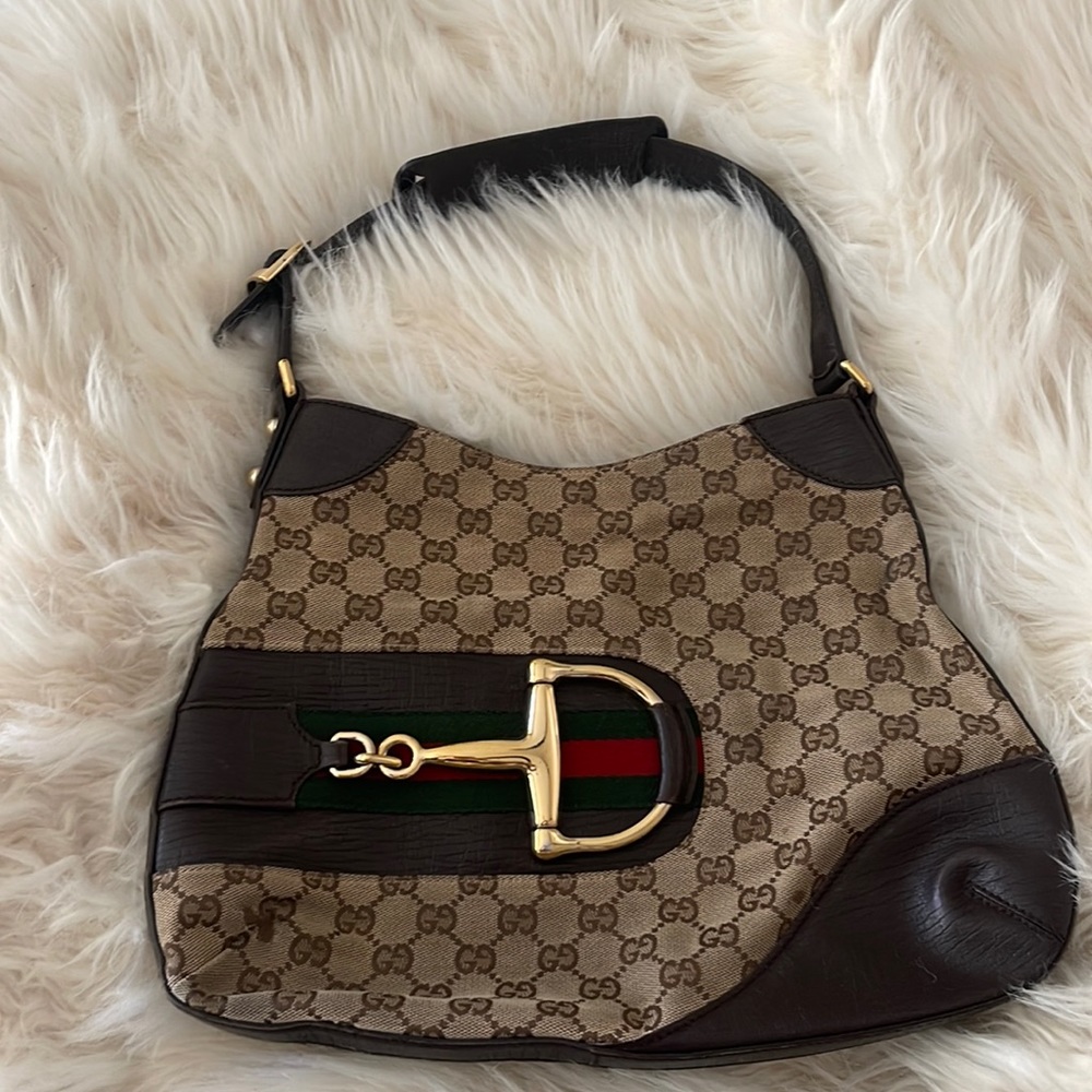 Gucci Brown GG Canvas Shoulder Bag with Red & Green Web and Gold Hardware - Picture 2 of 16